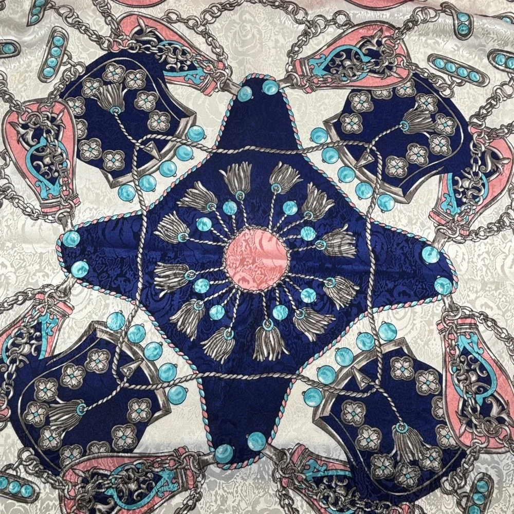 Square Scarf Womens OS‎ Navy Pink Baroque Tassel Damask 34in Square Royal Regal